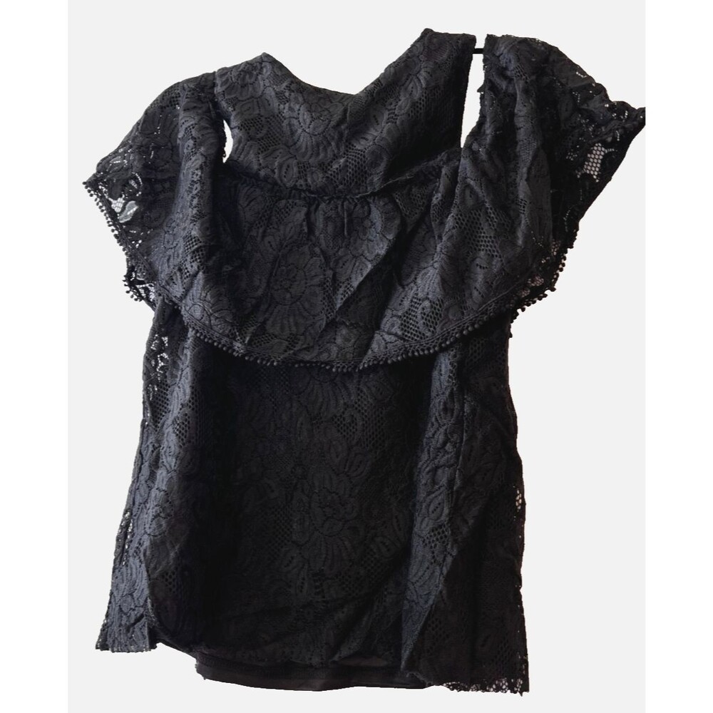 Libby Edelman Women's Black Lace Lined Cold Shoulder Blouse SIZE Medium